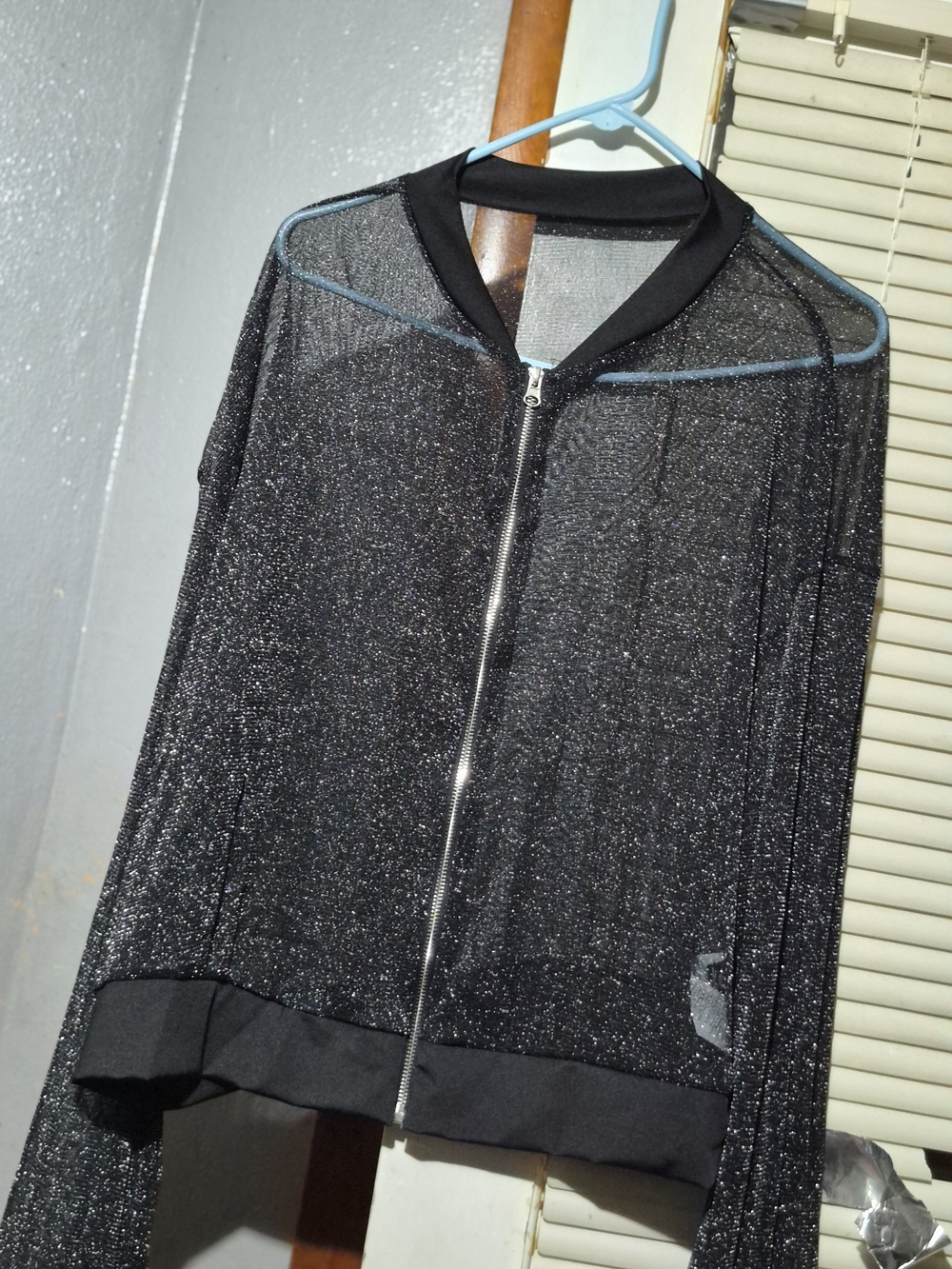 Black Sheer Metallic Zip Bomber Jacket